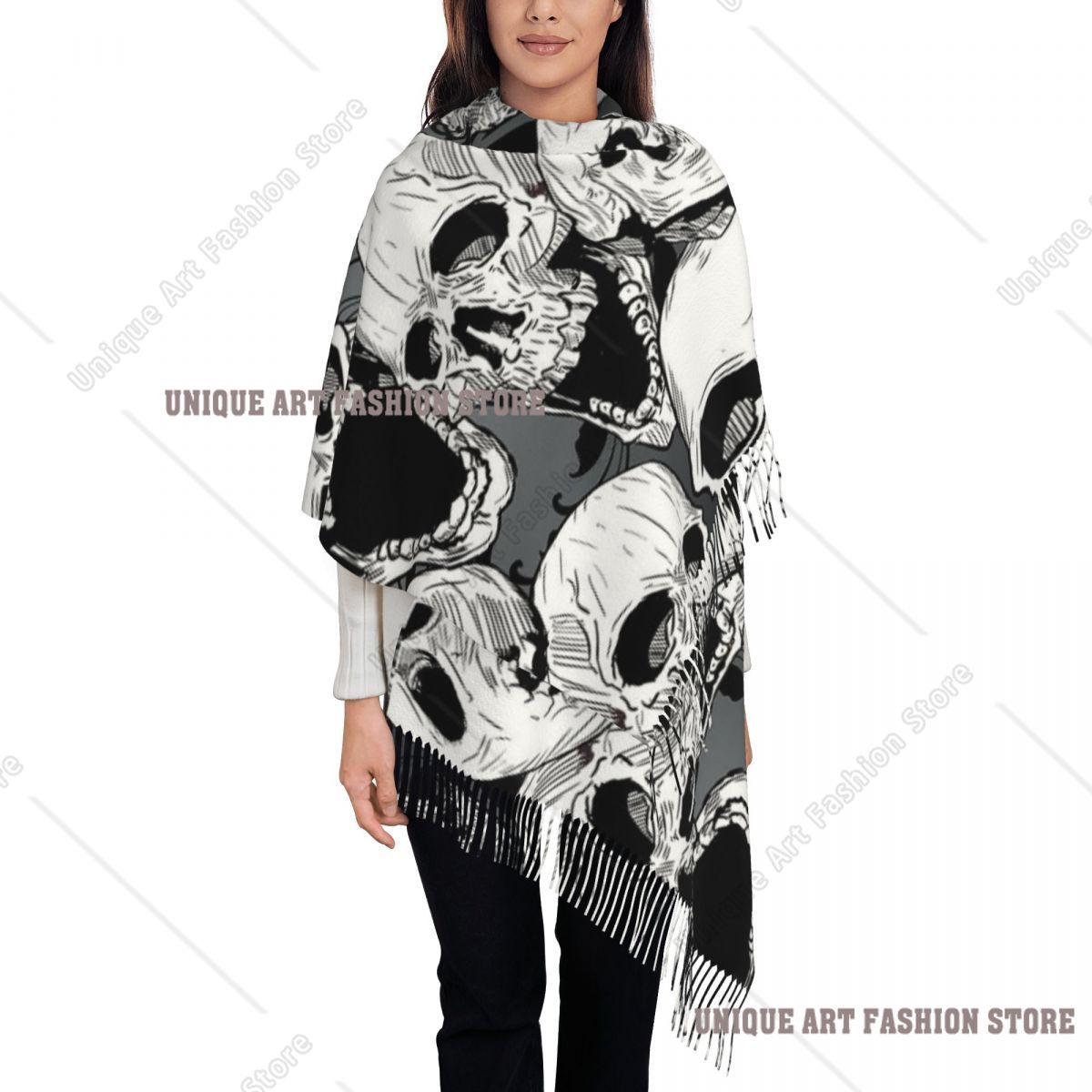Pashmina Wrap Large - Damen-Schal mit Quasten, Todeskopf, Gothic, groß,